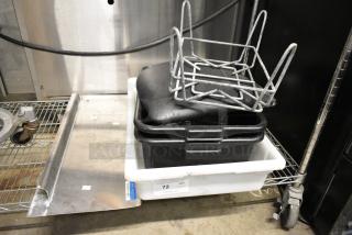 ALL ONE MONEY! Lot of Various Items Including Black Poly Bus Bins, White Bin, Splash Guard and Metal Stand.