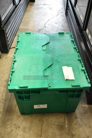 BRAND NEW SCRATCH AND DENT! 47558996288GN Green Poly Flip Lid Tote Bin.