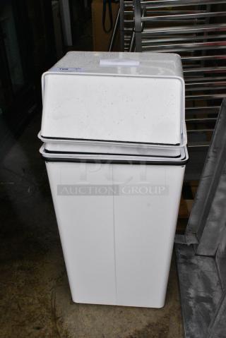 2 BRAND NEW SCRATCH AND DENT! 6921311HTNA Witt Industries 1311HTWH 13 Gallon White Steel Trash Can with Swing Top and 69236TWH Witt Industries 36TWH Push Top Lid for 36 Gallon Tash Cans. 2 Times Your Bid!