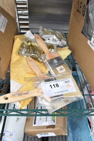 8 BRAND NEW SCRATCH AND DENT! Items Including 3 Ateco 60030 3"W Boar Bristle Pastry/Basting Brush, 4 Bundles of Gold Plastic Utensils, 999BJ331310 High Speed Toaster 21" x 16 3/4" PTFE Non-Stick Release Sheets for Prince Castle 296/297 Series Toasters - 5/Pack. 8 Times Your Bid!
