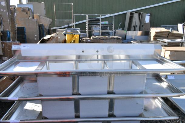 BRAND NEW SCRATCH AND DENT! Steelton 522CS31620LR Stainless Steel Commercial 3 Bay Sink w/ Dual Drain Boards. No Legs. Bays 16x20x12. Drain Boards 16x22 - Image 1 of 6