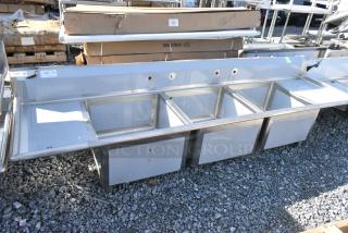 BRAND NEW SCRATCH AND DENT! Regency 600S32424218 Stainless Steel Commercial 3 Bay Sink w/ Dual Drain Boards. No Legs. Bays 24x24x14. Drain Boards 16x25