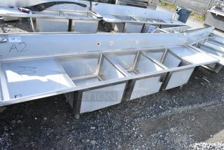 BRAND NEW SCRATCH AND DENT! Regency 600S32424224 Stainless Steel Commercial 3 Bay Sink w/ Dual Drain Boards. No Legs. Bays 24x24x14. Drain Boards 22x25