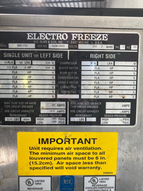 Electrofreeze 807 Frozen Drink Slush Machine 220V Water Cooled - Needs Repair - Image 3 of 3