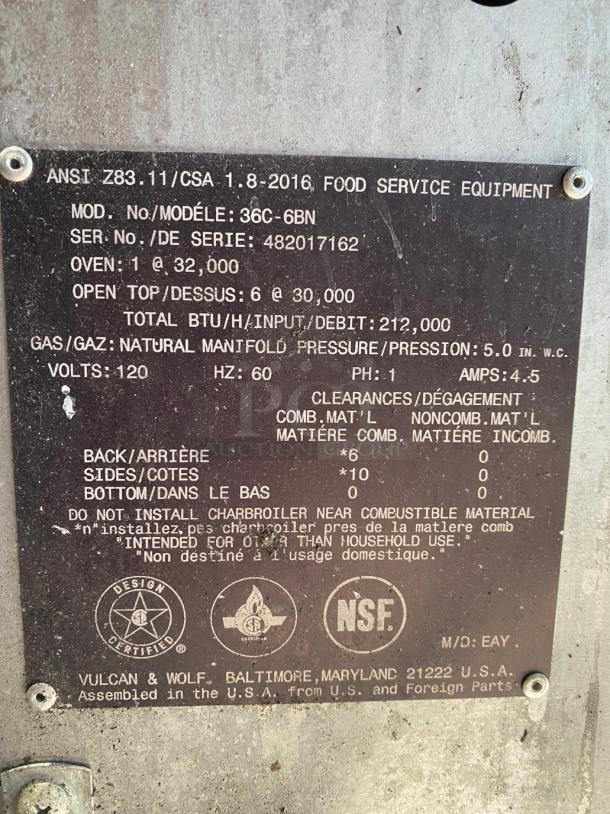 NICE TESTED Vulcan 36C-6BN Endurance 6 Burner 36" Range with Convection Oven Base - 215,000 BTU - Image 3 of 3
