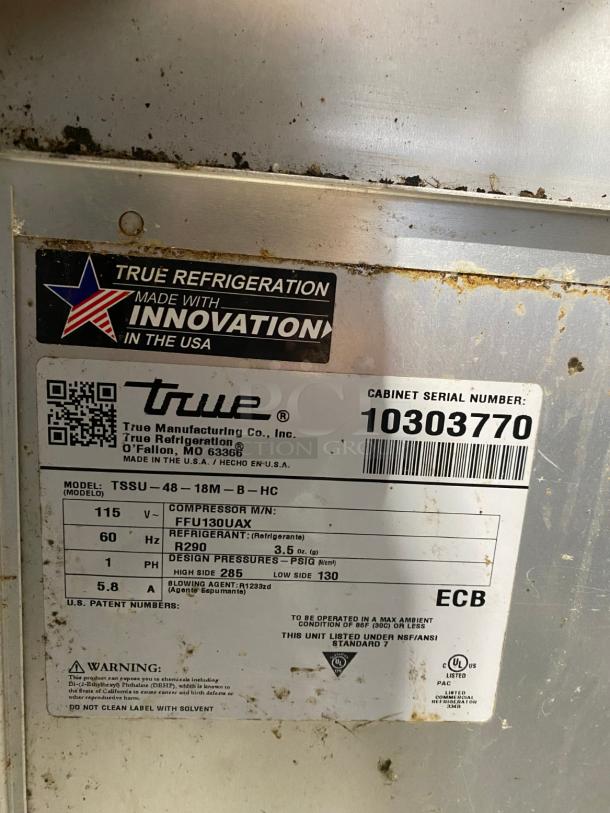 TESTED True TSSU-48-18M-B-HC 48 3/8" 2 Door Mega Top Refrigerated Sandwich Prep Table - Image 3 of 3