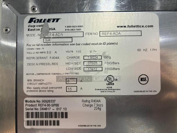 Follett Under counter Refrigerator,  Stainless Steel - Image 4 of 6