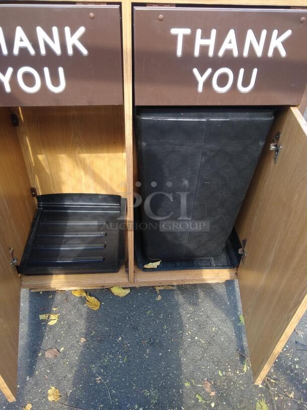 "THANK YOU!" LAMINATED WOODEN DOUBLE RESTAURANT TRASH CAN WITH CABINETS AND TRAY TOP - Image 3 of 5