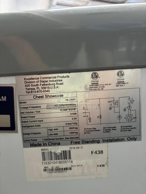 Excellence HL-14HC Low Temp Ice Cream Chest Freezer, 51-3/4"W, 13.8 cu. ft. capacity, self-contained - Image 5 of 5