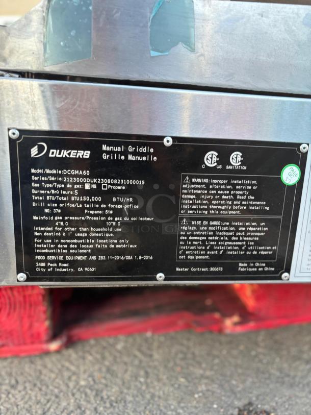 BRAND NEW SCRATCH & DENT  DUKERS APPLIANCE CO. USA LTD DCGMA60 GRIDDLE GAS COUNTERTOP - Image 5 of 5