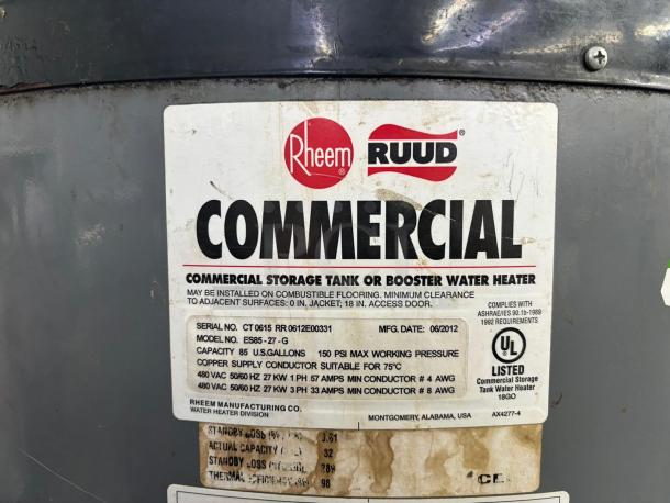 RHEEM  ES85-27-G Commercial Heavy Duty Electric 85 Gallon 27kw Water Heater With Surface Mounted Thermostat - Image 1 of 5