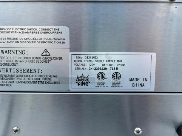 CARNIVAL KING WSM22 Non-Stick Double Waffle Maker with Timers - 120V - Image 3 of 3