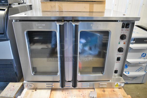 BRAND NEW SCRATCH AND DENT! Cooking Performance Group CPG 351FEC100D Stainless Steel Commercial Electric Powered Full Size Convection Oven w/ View Through Door, Thermostatic Controls and Metal Legs. 240 Volts, 1 Phase. - Image 1 of 10