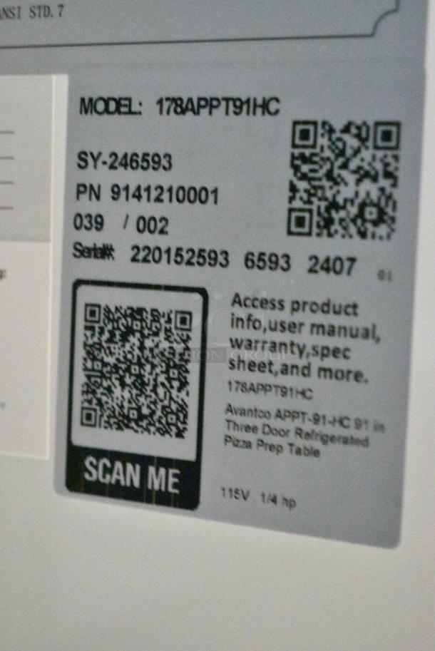 BRAND NEW SCRATCH AND DENT! 2024 Avantco 178APPT91HC Stainless Steel Commercial Pizza Prep Table on Commercial Casters. 115 Volts, 1 Phase. Tested and Working! - Image 9 of 9