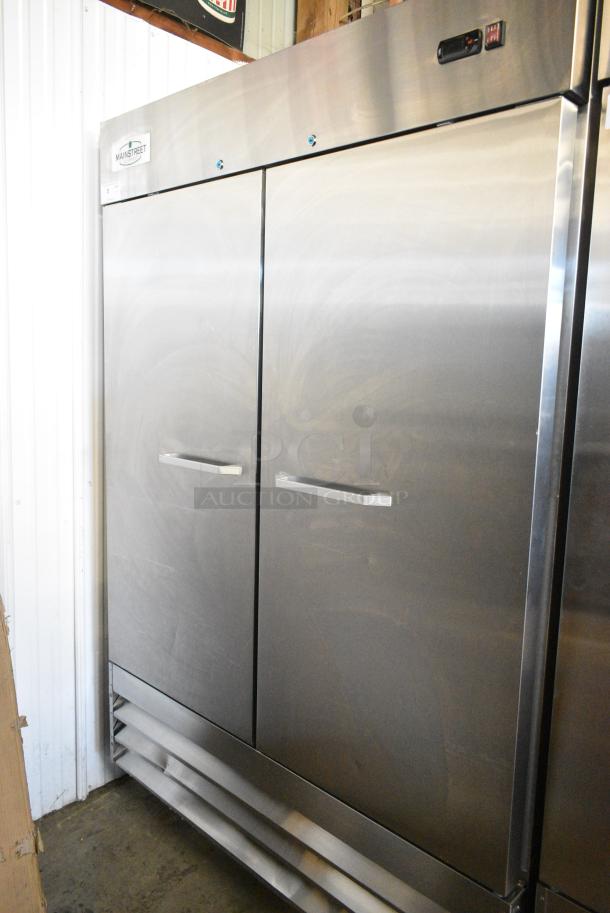 BRAND NEW SCRATCH AND DENT! 2024 Mainstreet 829BMR49R Stainless Steel Commercial 2 Door Reach In Cooler w/ Poly Coated Racks. 115 Volts, 1 Phase. Tested and Powers On But Does Not Get Cold - Image 1 of 5