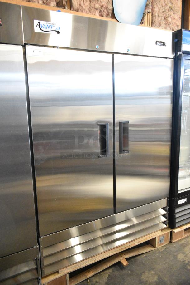 BRAND NEW SCRATCH AND DENT! Avantco 178A49RHC Stainless Steel Commercial 2 Door Reach In Cooler w/ Poly Coated Racks. 115 Volts, 1 Phase. Tested and Working! - Image 1 of 6