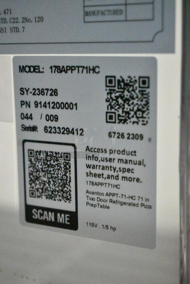 BRAND NEW SCRATCH AND DENT! 2023 Avantco 178APPT71HC Stainless Steel Commercial Pizza Prep Table on Commercial Casters. 115 Volts, 1 Phase. Tested and Working! - Image 8 of 8