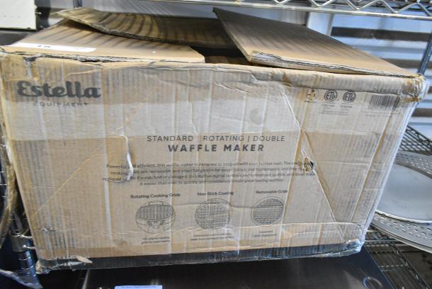 BRAND NEW SCRATCH AND DENT! 2024 Estella 348WSMX2A Stainless Steel Commercial Countertop Double Waffle Maker. 120 Volts, 1 Phase. Tested and Left Side is Working But Right Side Displays Error Code - Image 2 of 10