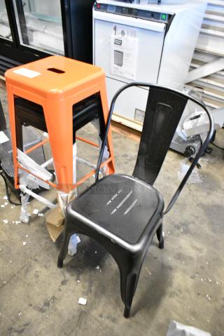3 BRAND NEW SCRATCH AND DENT! Items; Black Metal Tolix Style Dining Height Chair, Black Metal Tolix Style Bar Height Stool, Orange Metal Tolix Style Bar Height Stool. 3 Times Your Bid!