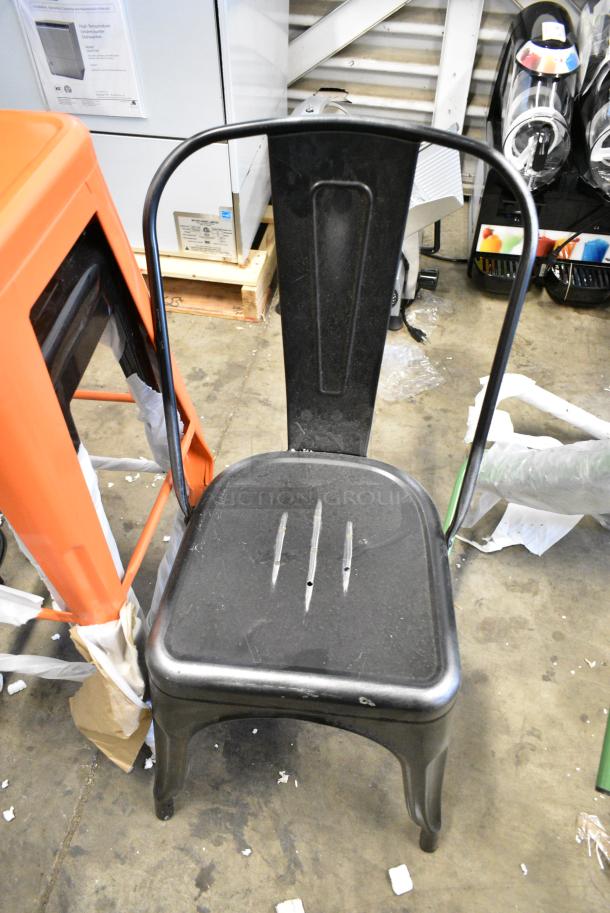 3 BRAND NEW SCRATCH AND DENT! Items; Black Metal Tolix Style Dining Height Chair, Black Metal Tolix Style Bar Height Stool, Orange Metal Tolix Style Bar Height Stool. 3 Times Your Bid! - Image 2 of 3