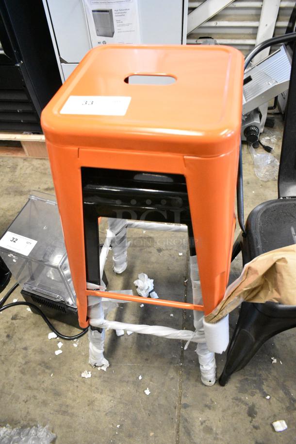 3 BRAND NEW SCRATCH AND DENT! Items; Black Metal Tolix Style Dining Height Chair, Black Metal Tolix Style Bar Height Stool, Orange Metal Tolix Style Bar Height Stool. 3 Times Your Bid! - Image 3 of 3