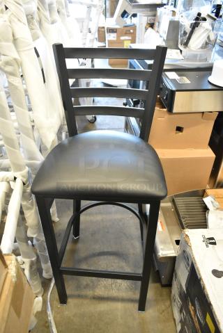 16 BRAND NEW SCRATCH AND DENT! Lancaster Table & Seating 164BMTLADFR Black Metal Ladder Back Bar Height Chair w/ Seat Cushion. 16 Times Your Bid!