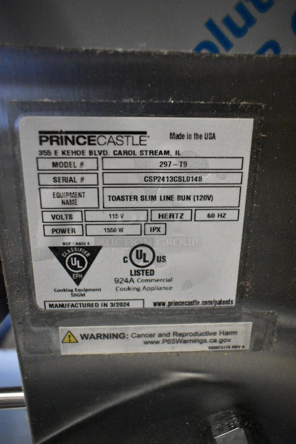 BRAND NEW SCRATCH AND DENT! 2024 Prince Castle 297-T9 Stainless Steel Slim-Line Vertical Contact Toaster - 2200 Buns / Hour, 115 Volts, 1 Phase. Tested and Powers On But Does Not Get Hot - Image 4 of 4