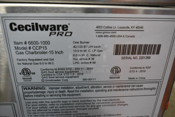 BRAND NEW SCRATCH AND DENT! Cecilware Pro CCP15 Stainless Steel Commercial Countertop Gas Powered Charbroiler. 40,000 BTU. - Image 4 of 5