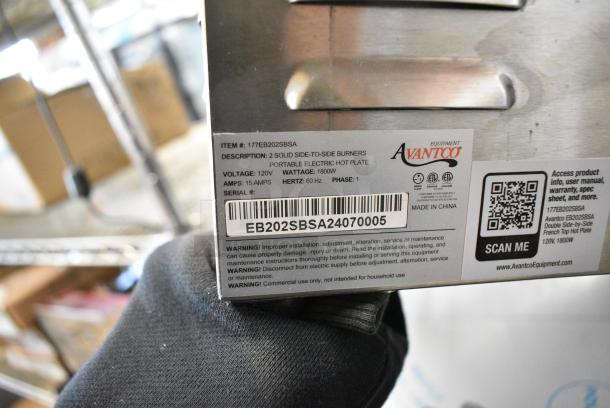 BRAND NEW SCRATCH AND DENT! Avantco 177EB202SBSA Stainless Steel Double Burner Solid Top Stainless Steel Portable Electric Side-by-Side Hot Plate. 120 Volts, 1 Phase. - Image 2 of 3