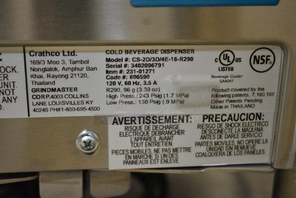 BRAND NEW SCRATCH AND DENT! Crathco CS-2D/3D/4E-16-R290 Stainless Steel Simplicity Bubbler Series Pre-Mix Cold Beverage Dispenser Base - Agitator Model. 120 Volts, 1 Phase. Tested and Does Not Power On - Image 3 of 4