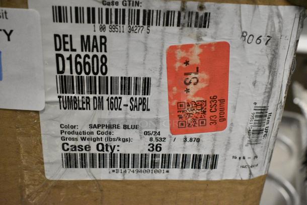 BRAND NEW SCRATCH AND DENT! Box of Del Mar Cambro D16608 Del Mar 16 oz. Sapphire Blue Customizable SAN Plastic Tumbler - 36/Case - Image 3 of 3