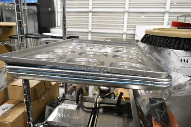 4 BRAND NEW SCRATCH AND DENT! Items Including Chicago Metallic 41005 Glazed Aluminized Steel 12 Mold 5.09 oz. Individual Hamburger Bun / Muffin Top / Cookie Pan - 17 3/4" x 25 3/4" and 3 Metal Full Size Baking Pans. 4 Times Your Bid! - Image 2 of 3