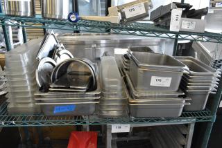 40 Various Items Including Stainless Steel Drop In Bins, Stainless Steel Cylindrical Bins and Poly Drop In Bins. 40 Times Your Bid!