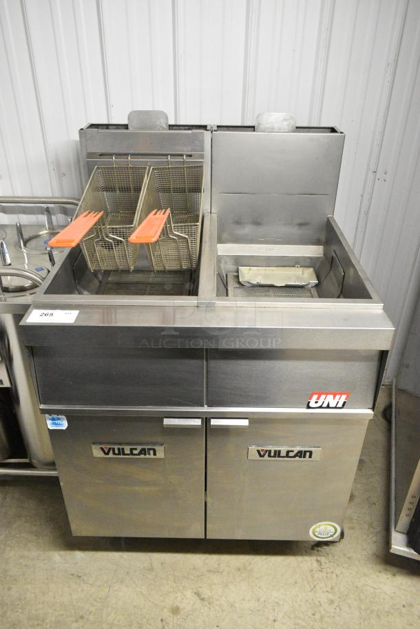 Vulcan 2VK45AF-1 Stainless Steel Commercial Floor Style Deep Fat Fryer w/ Dumping Station and 2 Metal Fry Baskets on Commercial Casters. 140,000 BTU. - Image 1 of 6