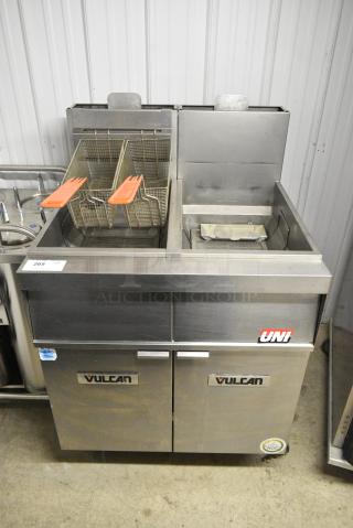 Vulcan 2VK45AF-1 Stainless Steel Commercial Floor Style Deep Fat Fryer w/ Dumping Station and 2 Metal Fry Baskets on Commercial Casters. 140,000 BTU.
