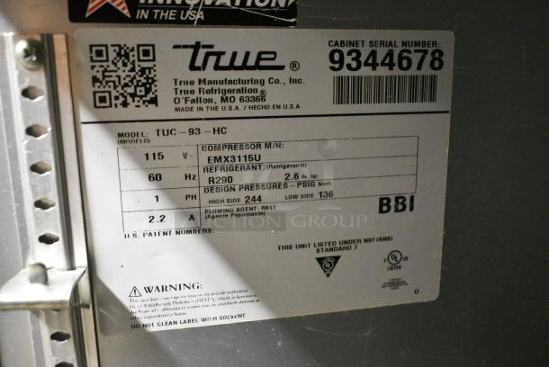 2018 True TUC-93-HC Stainless Steel Commercial 3 Door Undercounter Cooler on Commercial Casters. 115 Volts, 1 Phase. Tested and Powers On But Does Not Get Cold - Image 6 of 6