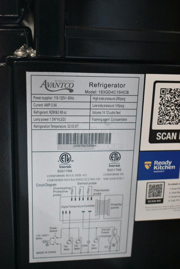 Avantco 193GD4C15HCB Metal Commercial Black 4-Sided Glass Refrigerated Display Case Merchandiser. See Pictures for Broken Glass. 110-120 Volts, 1 Phase. Tested and Does Not Power On - Image 5 of 5