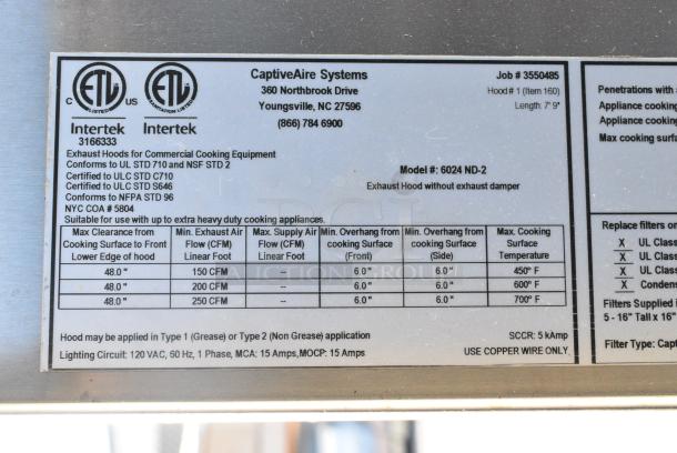 8' CaptiveAire 6024 ND-2 Stainless Steel Commercial Grease Hood. - Image 2 of 4