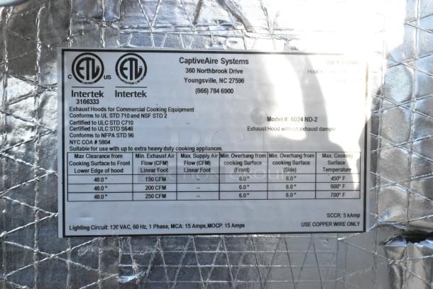 10' CaptiveAire 6024 ND-2 Stainless Steel Commercial Grease Hood. - Image 4 of 4