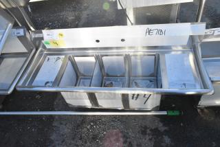 BRAND NEW SCRATCH AND DENT! Steelton 522CS31014LR Stainless Steel 3 Bay Sink w/ Dual Drain Boards. No Legs. Bays 10x14x12. Drain Boards 10x16