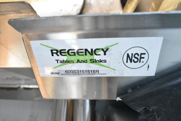 BRAND NEW SCRATCH AND DENT! Regency 600S3151515R Stainless Steel 3 Bay Sink w/ Right Side Drain Board. No Legs. Bays 15x15x12. Drain Boards 12x15 - Image 3 of 3