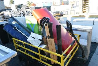 BRAND NEW SCRATCH AND DENT! Gorilla Carts Yellow Metal Cart w/ BRAND NEW SCRATCH AND DENT! Contents Including Rugs and Cushion.