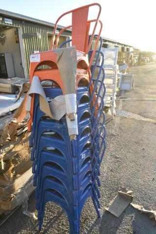 10 BRAND NEW SCRATCH AND DENT! Metal Dining Height Tolix Style Chair; 2 Orange and 8 Blue. 10 Times Your Bid!