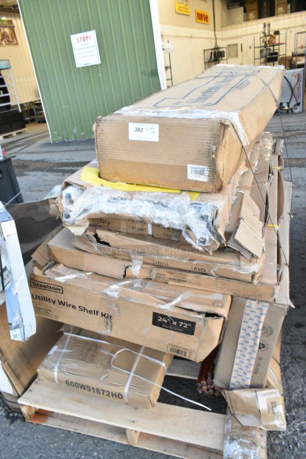 24 BRAND NEW SCRATCH AND DENT! Items Including SS-709-T Shortening Shuttle, 109APR1826L Regency 20 Pan Side Load Bun / Sheet Pan Rack - Unassembled, 460ECSC2436 Regency NSF Chrome Wire Security Cage - 24" x 36" x 61", 465B2472KE5 Steelton 24" x 72" NSF Black Epoxy 5-Shelf Kit with 72" Posts, 600WS1872HD Regency 16 Gauge Stainless Steel 18" x 72" Heavy-Duty Wall Shelf, 522ETSG2460 Steelton 24" x 60" 18 Gauge 430 Stainless Steel Work Table with Undershelf, 522ETSG24602 Steelton 24" x 60" 18 Gauge 430 Stainless Steel Work Table with Undershelf and 2" Rear Upturn, 600WS1884HD Regency 16 Gauge Stainless Steel 18" x 84" Heavy Duty Wall Shelf. 24 Times Your Bid! - Image 1 of 12