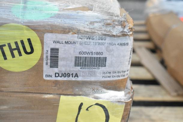 12 BRAND NEW SCRATCH AND DENT! Regency 600WS1860 18" x 60" 18 Gauge Stainless Steel Solid Wall Shelf. 12 Times Your Bid! - Image 3 of 5