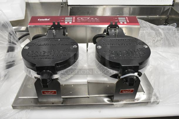 BRAND NEW SCRATCH AND DENT! 2024 Estella 348WSMX2A Stainless Steel Commercial Countertop Double Waffle Maker. 120 Volts, 1 Phase. Tested and Left Side is Working But Right Side Displays Error Code - Image 1 of 10