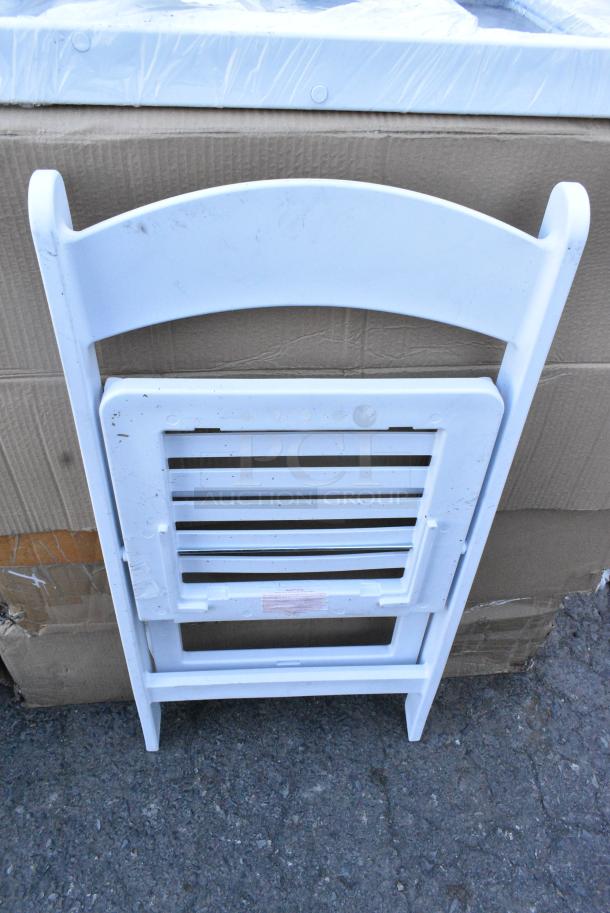 18 BRAND NEW SCRATCH AND DENT! 427FCRSLTWHT Lancaster Table & Seating White Resin Folding Chair with Slatted Seat. 18 Times Your Bid! - Image 1 of 6