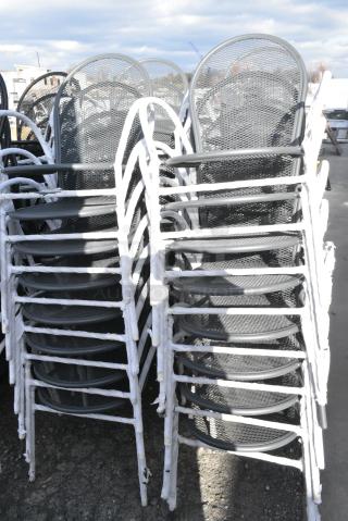 32 BRAND NEW SCRATCH AND DENT! Gray Metal Mesh Patio Chair w/ Arm Rests. 32 Times Your Bid!