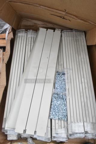 BRAND NEW SCRATCH AND DENT! Lot of Various Items Including 434DC963684T Hallowell 36" x 96" x 84" Tan Heavy-Duty Double Rivet 4-Shelf Boltless Shelving, No Decking, 2480 lb unit capacity.