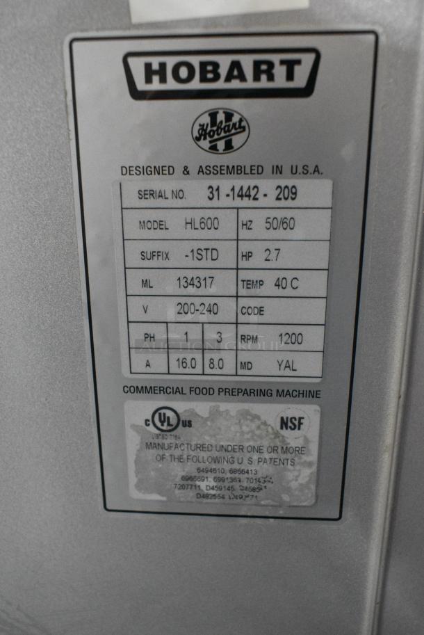 Hobart Legacy HL600 Metal Commercial Floor Style 60 Quart Planetary Dough Mixer w/ Stainless Steel Mixing Bowl, Bowl Guard, Dough Hook, Paddle and Whisk Attachments. 200-240 Volts, 1/3 Phase. - Image 6 of 7